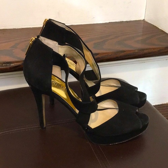 MICHAEL KORS Black Suede Peep Toe Gold Zipper Back High Heel Shoes Sz 8•1/2 - Picture 4 of 10